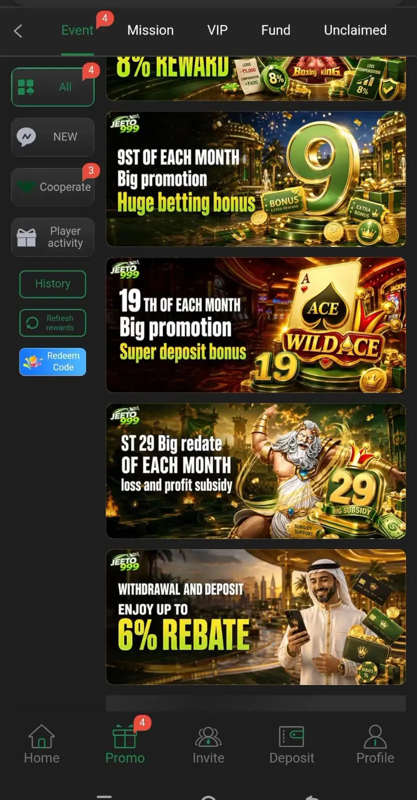 Jeeto999 Game promotions deposit bonus and withdrawal rebate